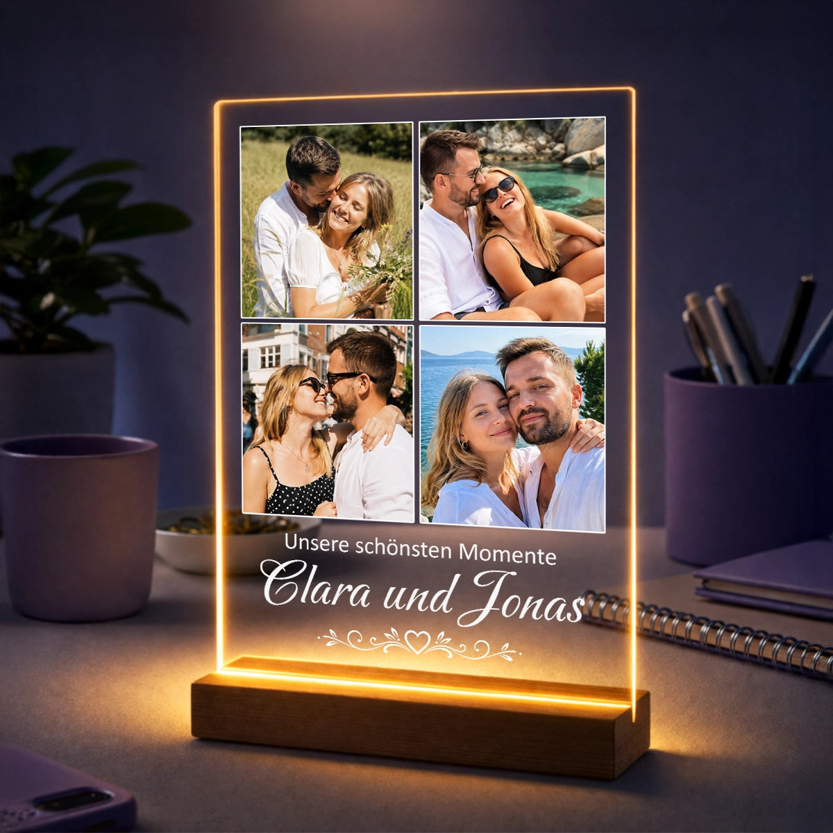 Fotocollage auf Acrylglas mit vier Fotos - Geschenk für Paare mit Namen und persönlichem Text