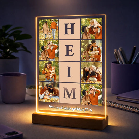 Personalisierte Fotocollage auf Acrylglas HEIM – Familiengeschenk mit Fotos im Buchstabenraster und eigenem Text