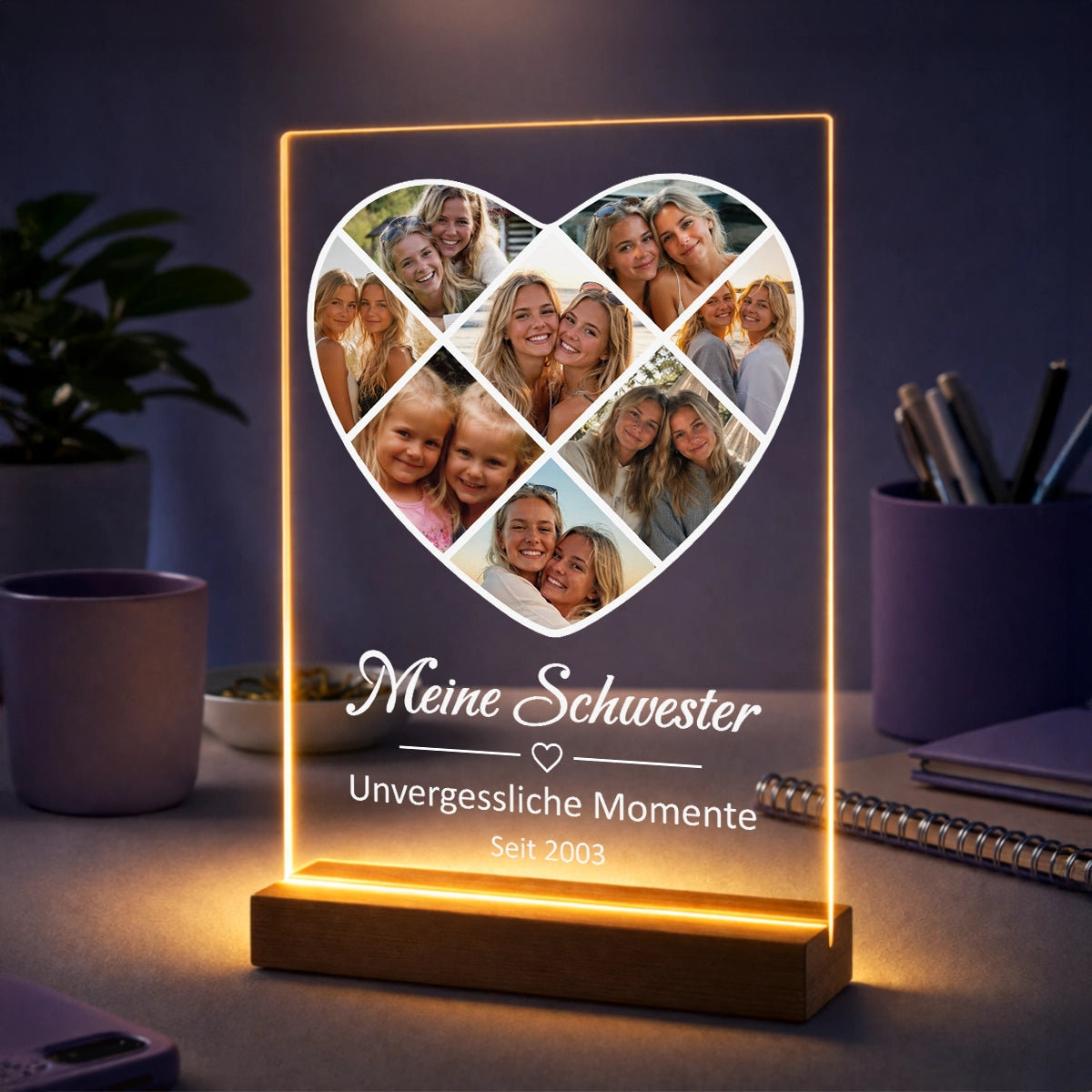 Fotocollage auf Acrylglas in Herzform mit Fotos - Geschenk für Schwester mit Jahreszahl