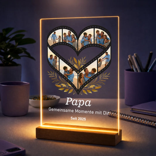 Personalisierte Fotocollage auf Acrylglas für Papa – mit Herz aus Filmstreifen, Fotos und eigenem Text