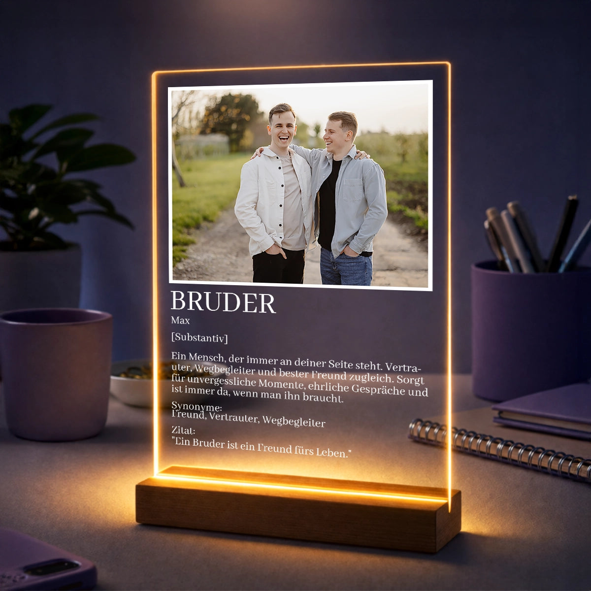 Foto auf Acrylglas im Wörterbuch-Design – Geschenk für den Bruder mit Namen und Zitat