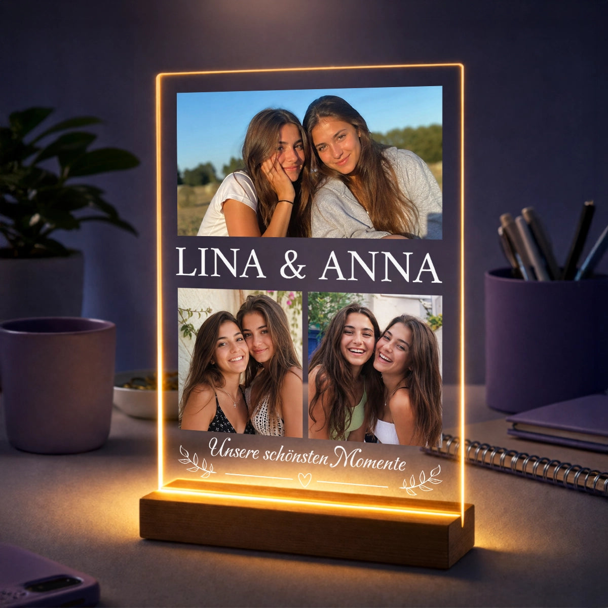 Fotocollage auf Acrylglas mit Namen und Text Unsere schönsten Momente – Geschenk für die Schwester