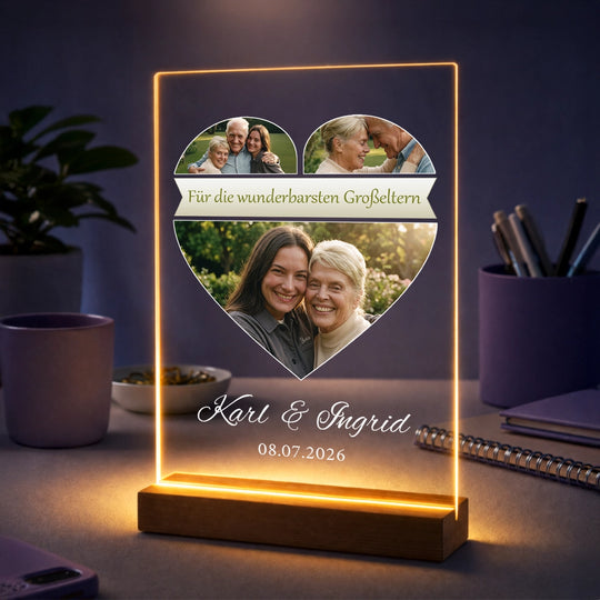 Personalisiertes Geschenk für Großeltern – Fotocollage auf Acrylglas mit 3 Fotos in Herzform