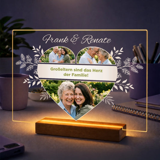 Personalisierte Fotocollage auf Acrylglas für Großeltern – mit Herzdesign, 3 Fotos, Namen und persönlichem Spruch