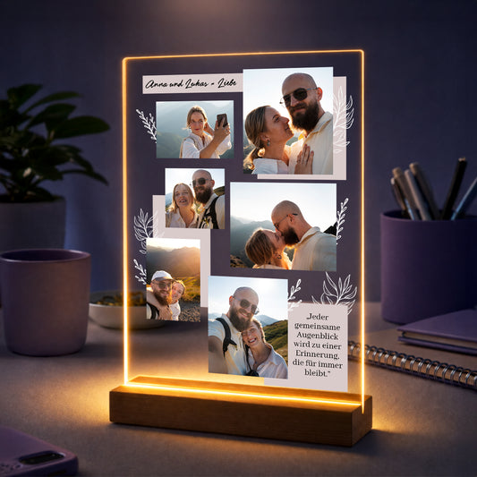 Personalisierte Fotocollage auf Acrylglas mit den Namen Anna und Lukas sowie dem Spruch „Jeder gemeinsame Augenblick bleibt für immer.“