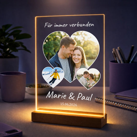 Personalisierte Fotocollage auf Acrylglas für Paare – mit 3 herzförmigen Fotos, eigenem Text, Namen und Datum