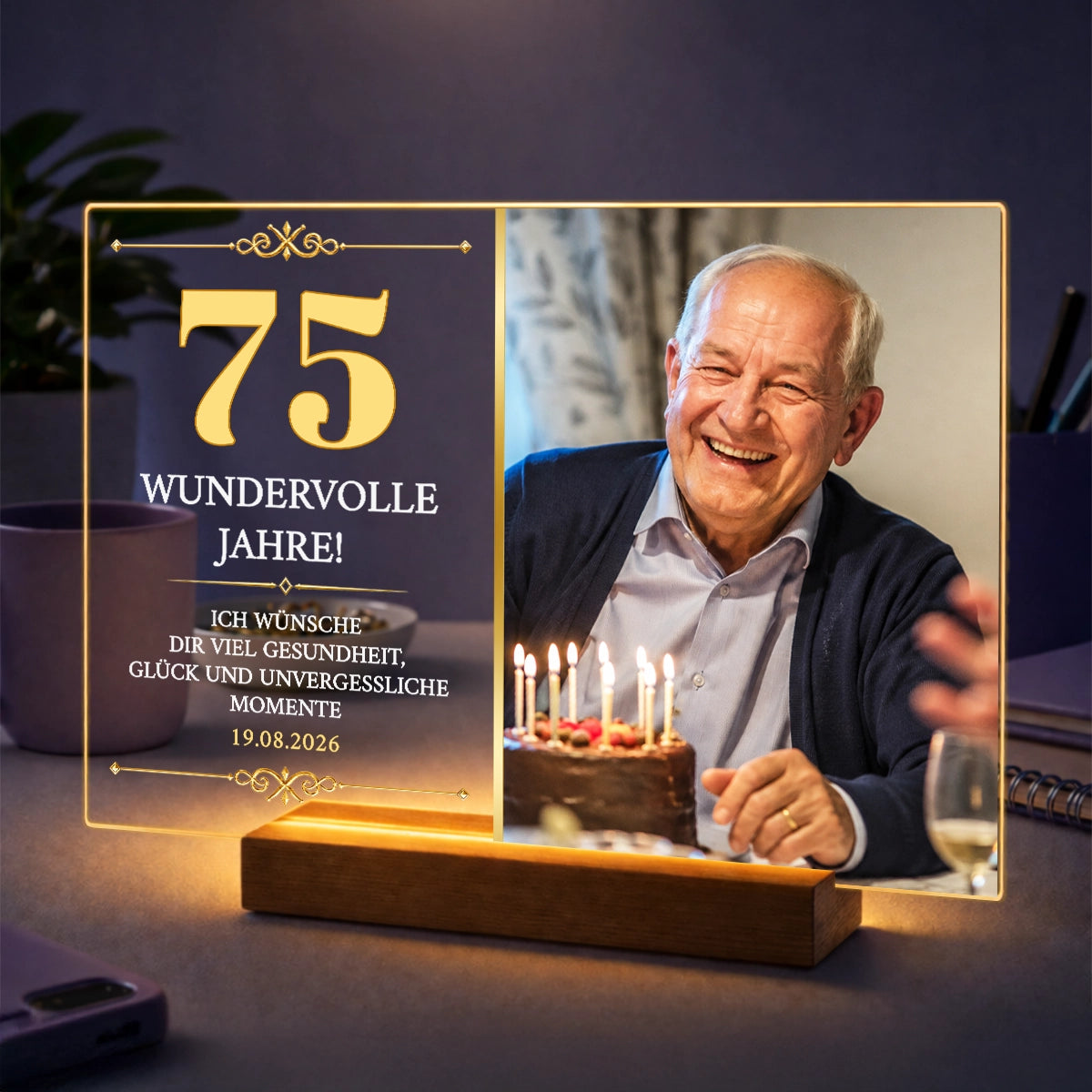Foto auf Acrylglas mit der Zahl 75 - Geburtstagsgeschenk für ihn mit persönlichem Text