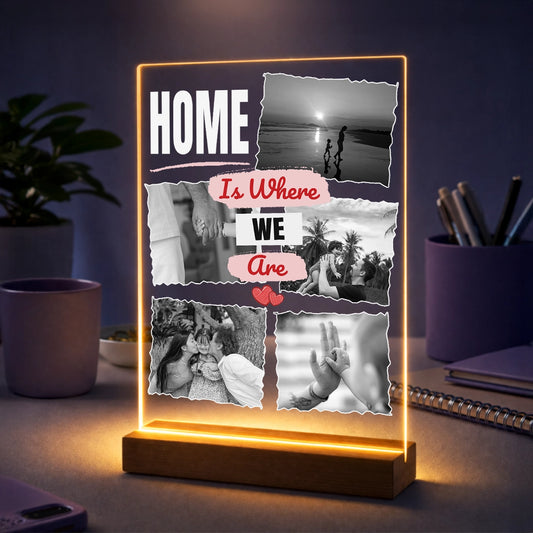 Personalisierte Fotocollage auf Acrylglas für die Familie mit Fotos und dem Schriftzug „Home Is Where We Are“
