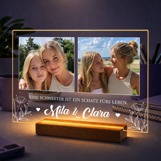 Fotocollage auf Acrylglas mit Zitat und Namen – Geschenk für die Schwester mit Text Eine Schwester ist ein Schatz fürs Leben