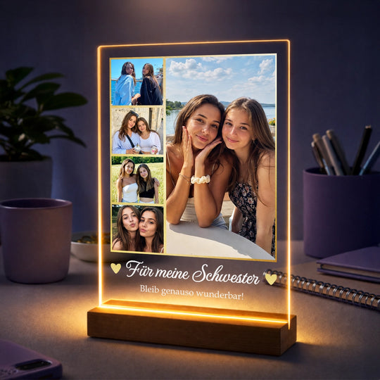 Personalisiertes Geschenk für deine Schwester – Fotocollage auf Acrylglas mit Text Bleib genauso wunderbar