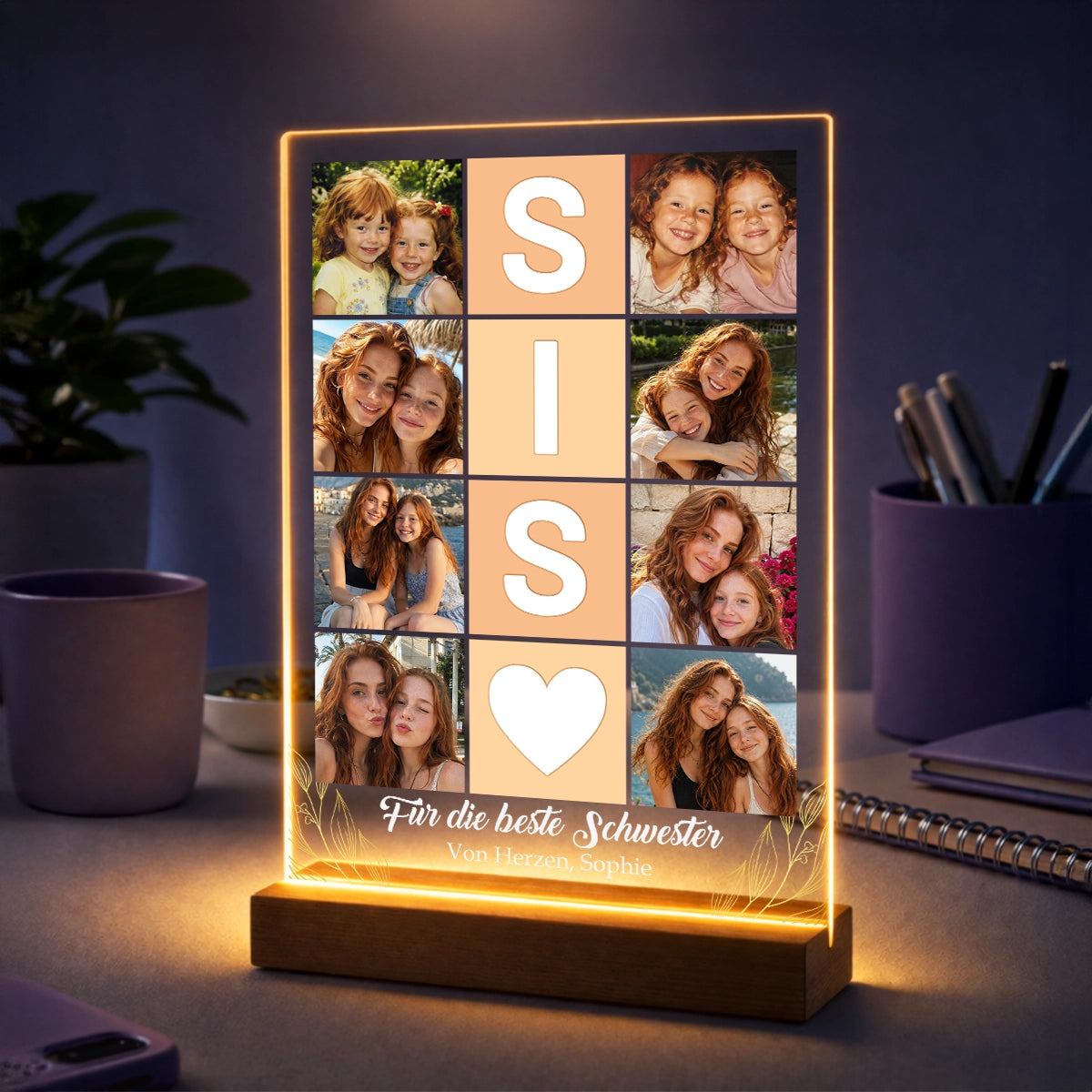 Fotocollage auf Acrylglas im Fotoraster-Design mit Schriftzug SIS – Geschenk für die Schwester mit Unterschrift
