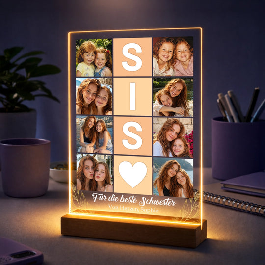 Geschenkidee für deine Schwester – Fotocollage auf Acrylglas im Design mit dem Schriftzug SIS