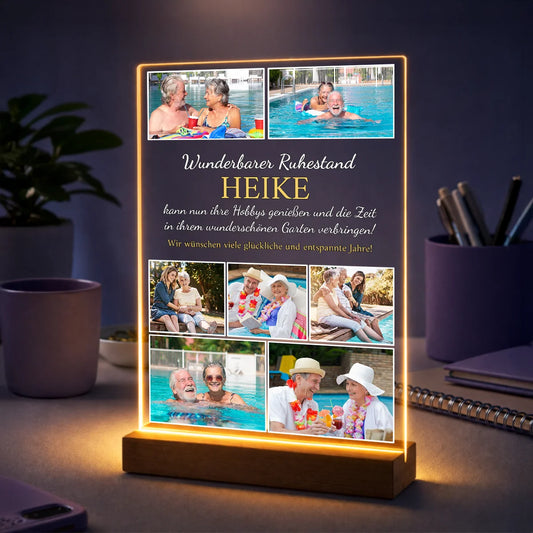 Fotocollage auf Acrylglas mit 6 Fotos und persönlichem Text – Ruhestand Geschenk für Frauen mit Namen
