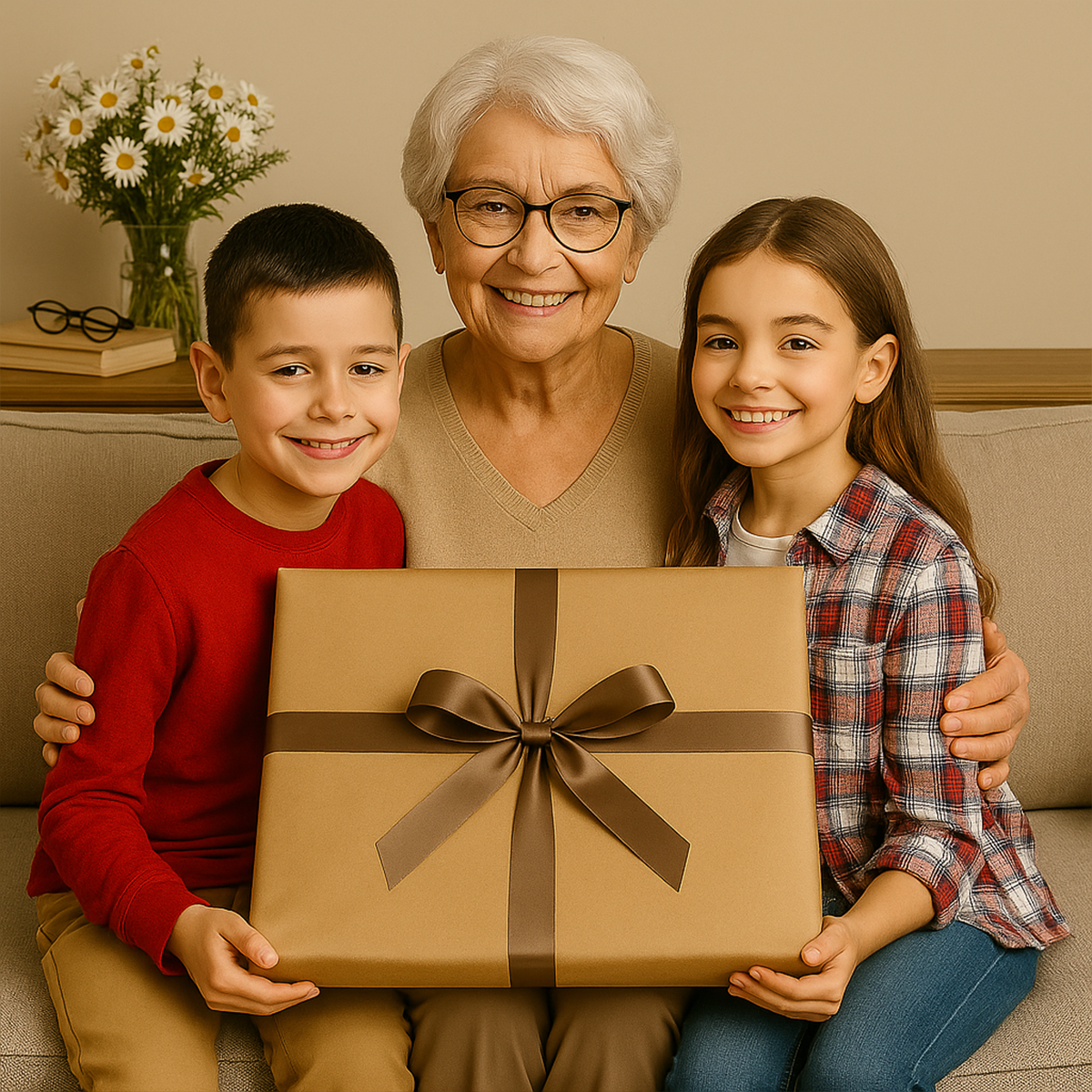 Image of Porträt der Oma mit den Enkeln - Leinwandbild aus deinem Foto