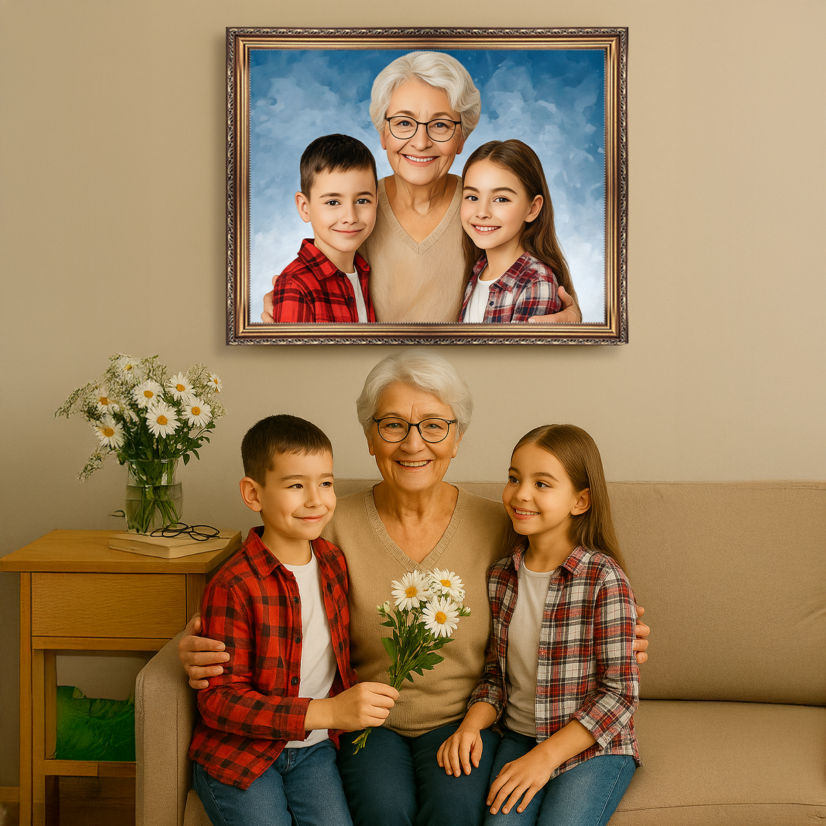 Image of Porträt der Oma mit den Enkeln - Leinwandbild aus deinem Foto