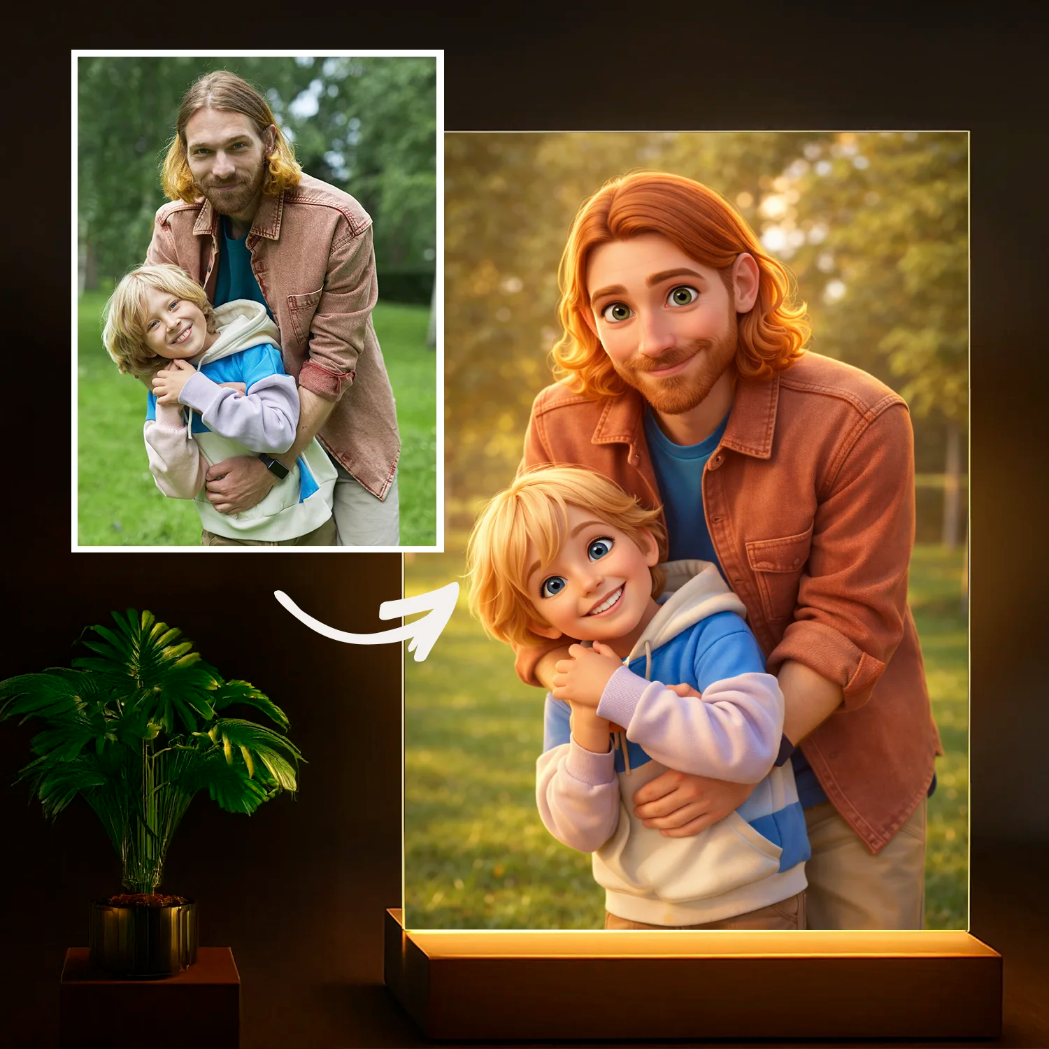 Image of Illustration von Vater und Kind - Glasdruck, personalisiertes Geschenk zum Vatertag