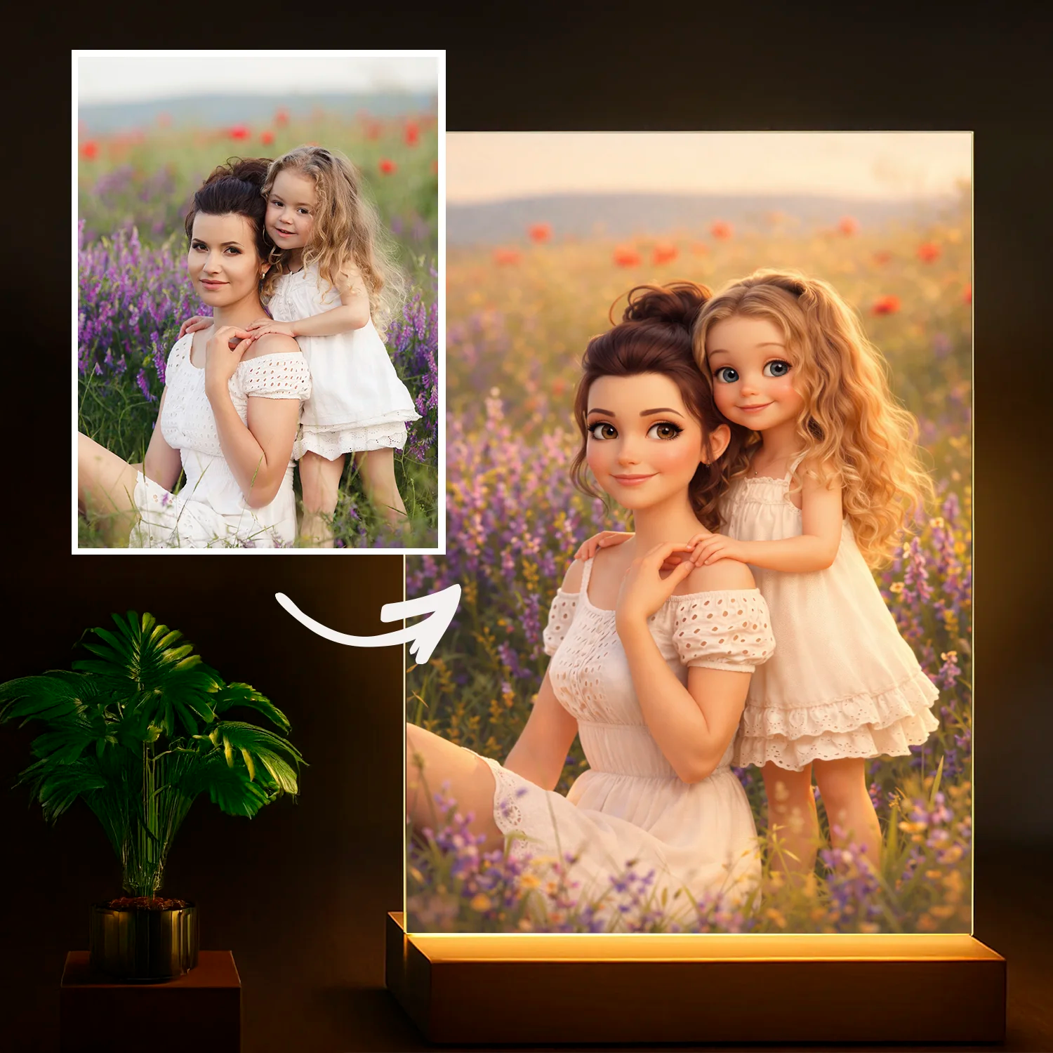 Image of Illustration von Mutter und Tochter - Glasdruck, personalisiertes Geschenk zum Muttertag