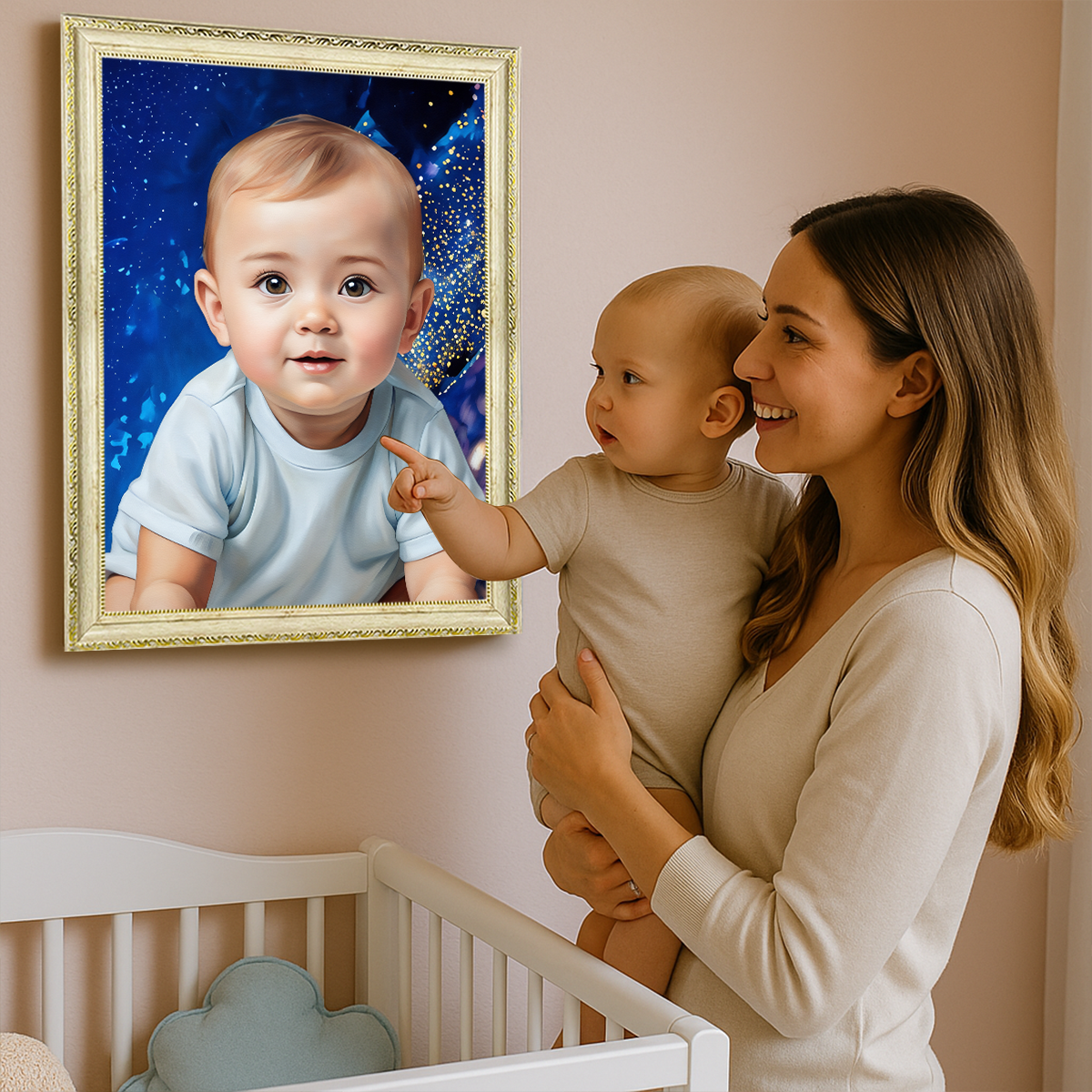 Image of Kinderportrait vor blauem Hintergrund – Leinwandbild aus deinem Foto