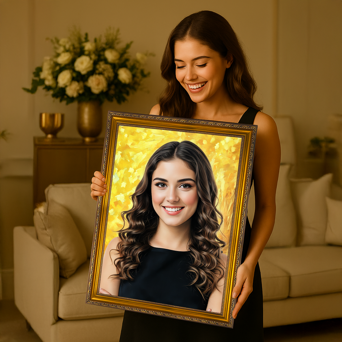 Image of Porträt eines Mädchens mit goldenem Hintergrund – Leinwandbild aus deinem Foto