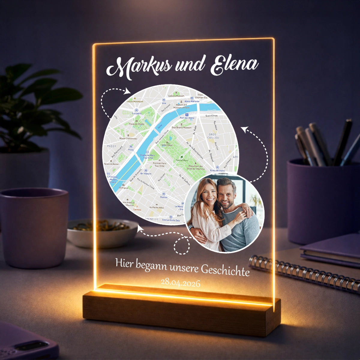 Geschenk für Paare zum Jahrestag - personalisierter Druck auf Acrylglas mit Foto und Karte des Treffpunkts Unsere Geschichte
