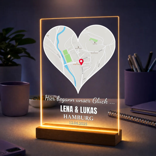 Foto auf Acrylglas mit Stadtplan im Herzform - Jahrestag Geschenk für sie mit Namen und Datum