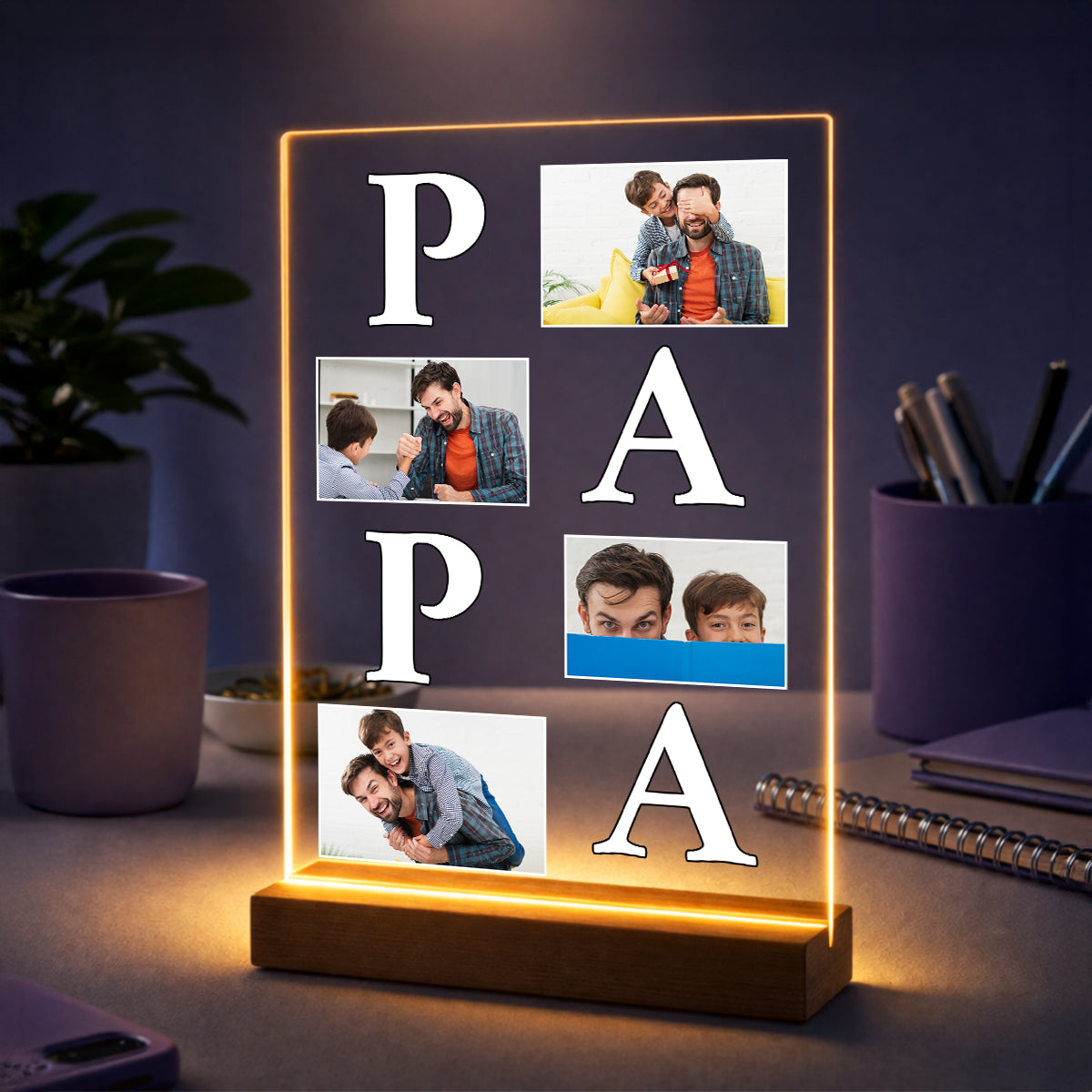 Geschenkidee für Papa zum Vatertag – Fotocollage auf Glas mit Schriftzug PAPA