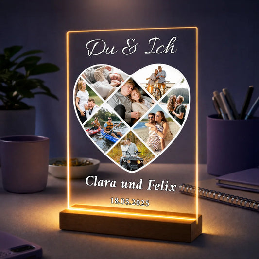 Personalisierte Fotocollage auf Acrylglas mit Herzform – Geschenk zum Jahrestag für Paare mit Namen und Datum