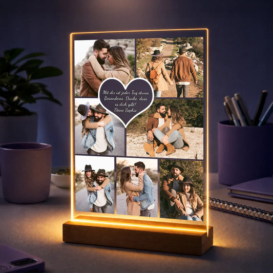Personalisierte Fotocollage auf Acrylglas für Paare – 7 Fotos mit Herz und eigenem Text im Mittelpunkt