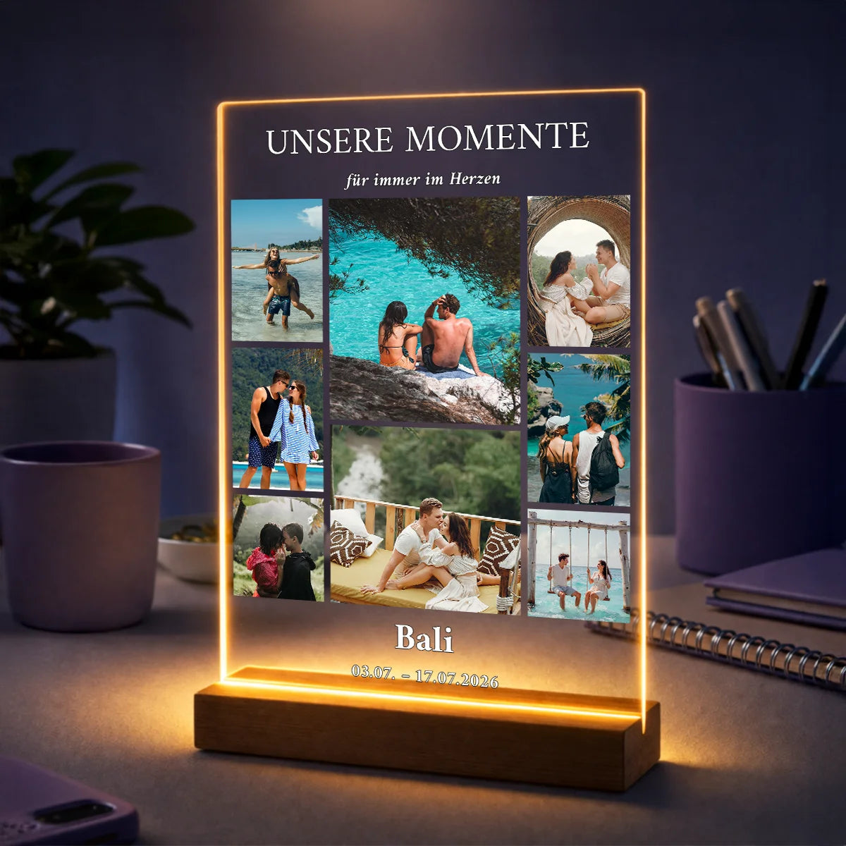 Fotocollage auf Acrylglas mit Urlaubsfotos und Text UNSERE MOMENTE – personalisiertes Reisegeschenk für Paare mit Reiseziel und Datum