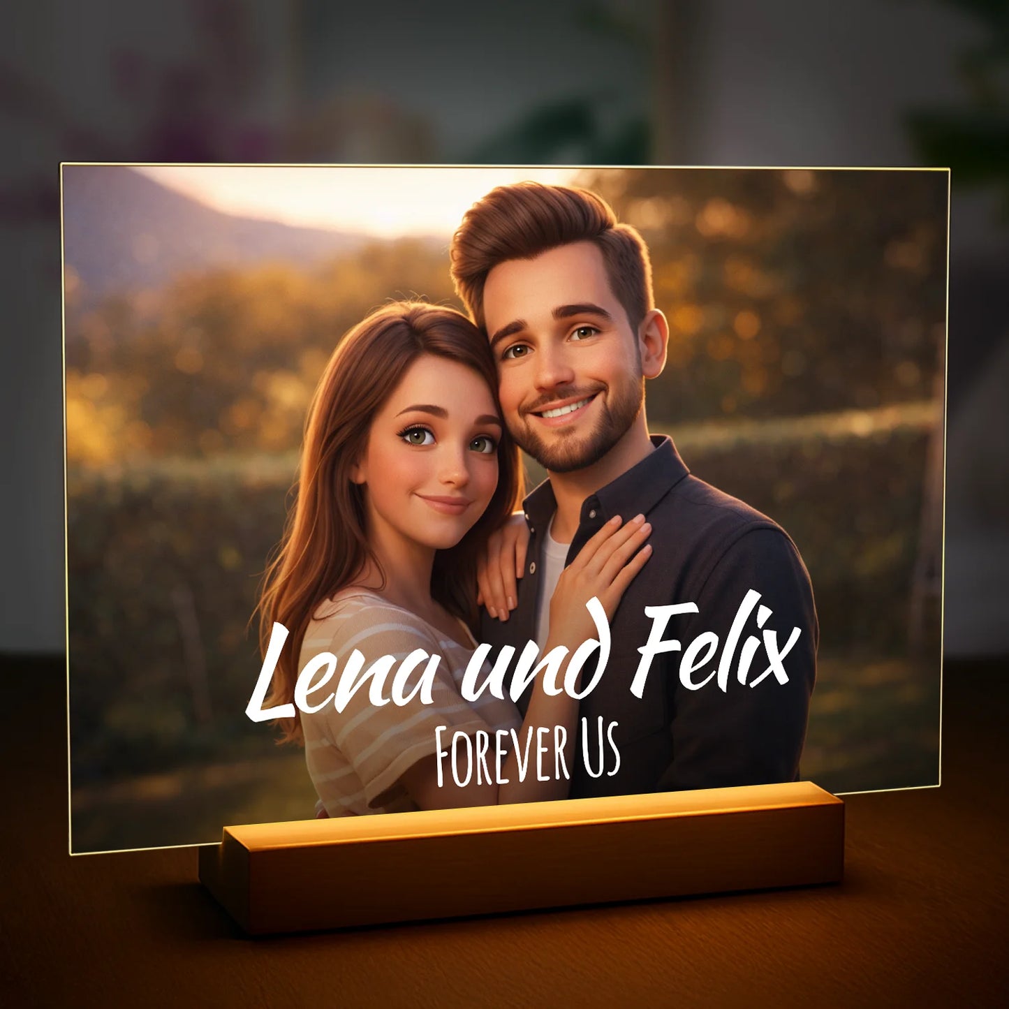 Geschenk für Paare zum Jahrestag – Porträt vom Foto mit Namen auf Acrylglas im Märchenstil