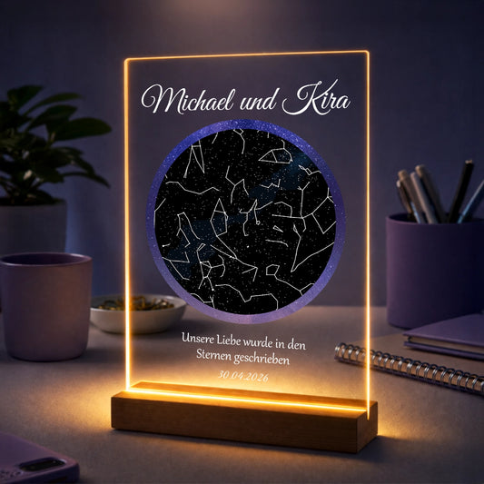 Geschenkidee für Paare zum Jahrestag – personalisierte Sternenkarte auf Acrylglas In den Sternen geschrieben