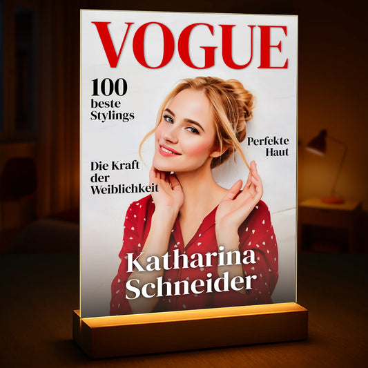 Geschenk für sie zum Geburtstag – personalisierter Glasdruck im Stil eines Modemagazin-Covers