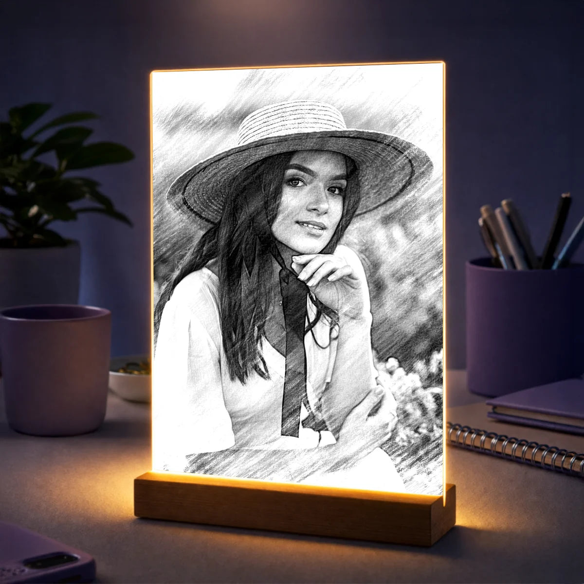 Geschenkidee für sie zum Geburtstag – Porträt aus Foto auf Acrylglas im Bleistift Skizzenstil